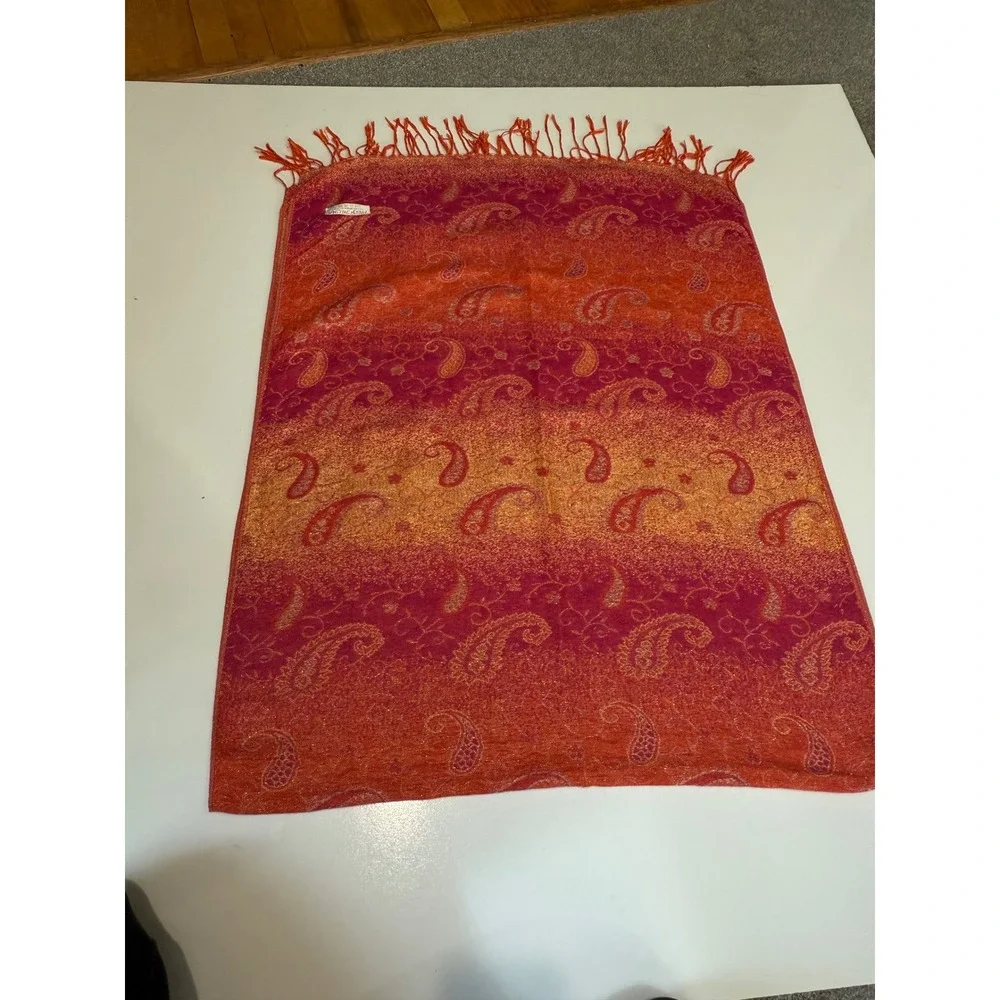 Pashmina‎ Silk Blend Paisley Scarf Wrap Orange Pink Magenta Fringe Shawl